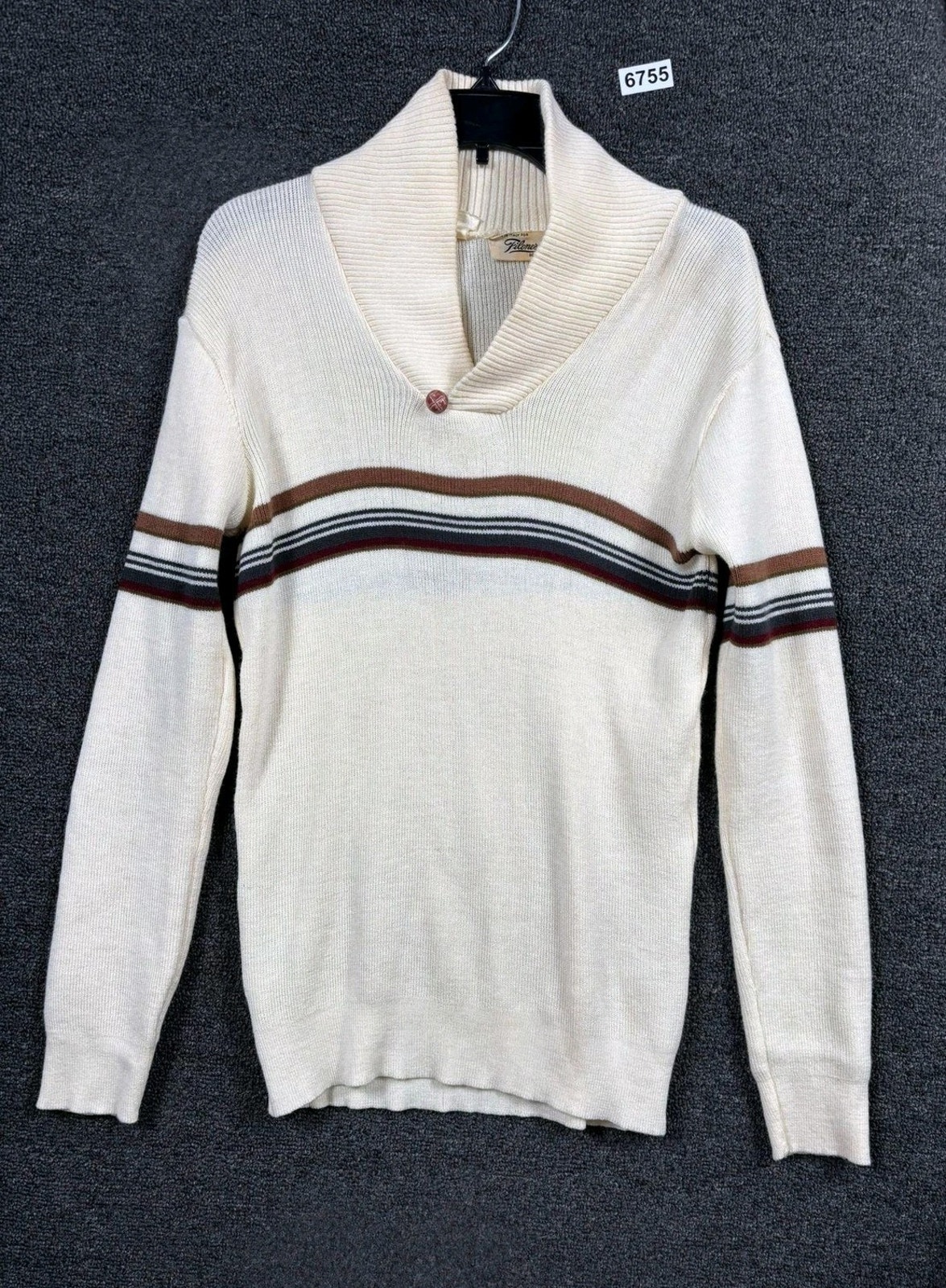 Vintage Filenes Sweater Mens Large Cream Shawl Collar Stripe Knit Made Italy 80s